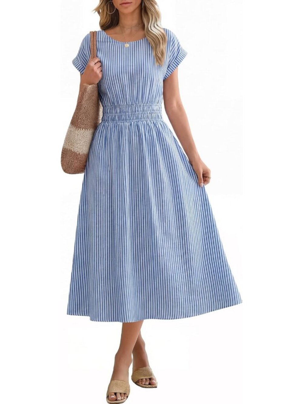 Summer Midi Dress for Women - Striped Casual Short Sleeve, Elastic Waist
